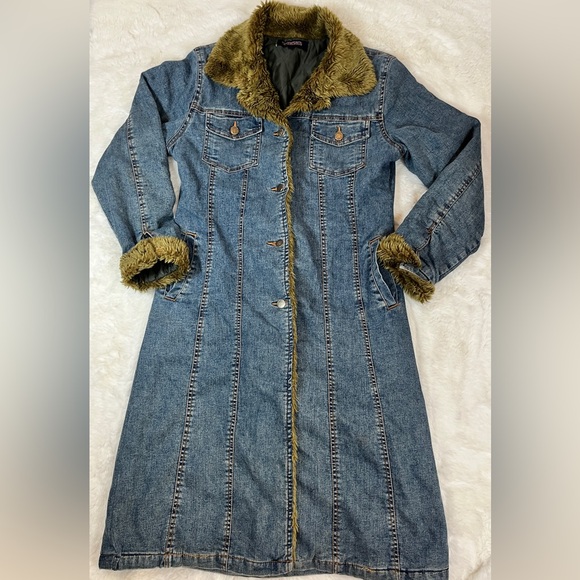 Y2K Penny Lane Insulated Denim Trench Coat Faux Fur Trim Button Up Women’s Large - Picture 11 of 16